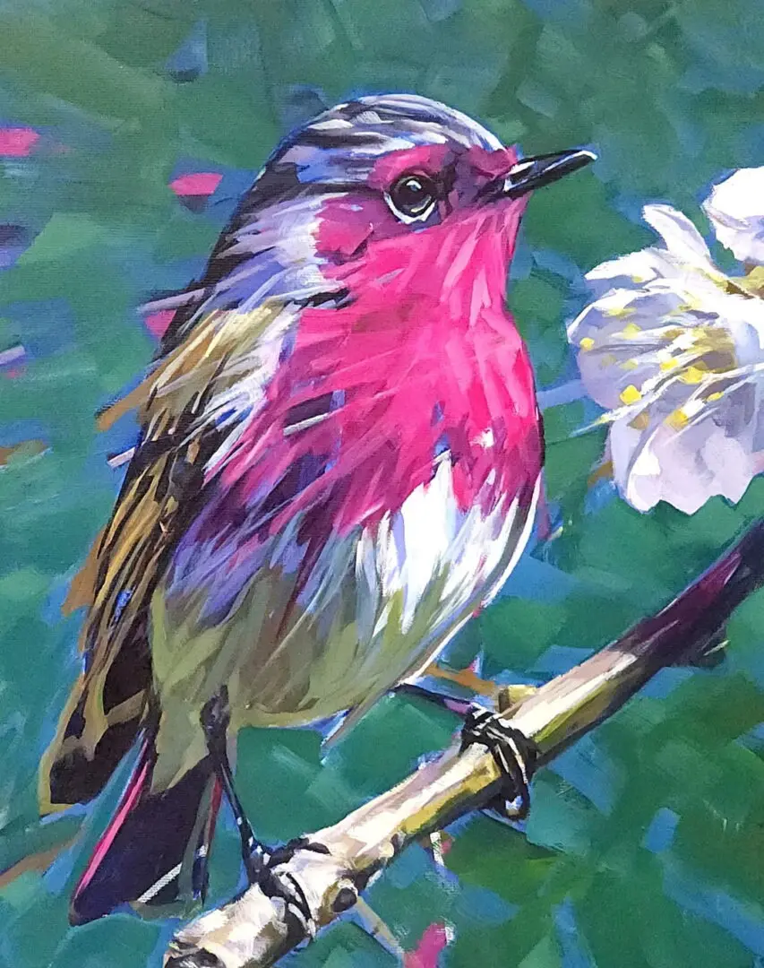 Vibrant bird perched near blooming flowers.