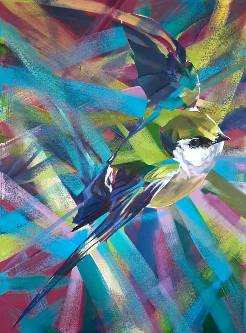 Vibrant bird amidst colorful abstract background.