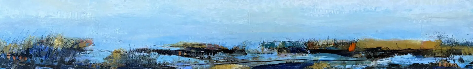 Serene landscape with abstract blue and gold hues.