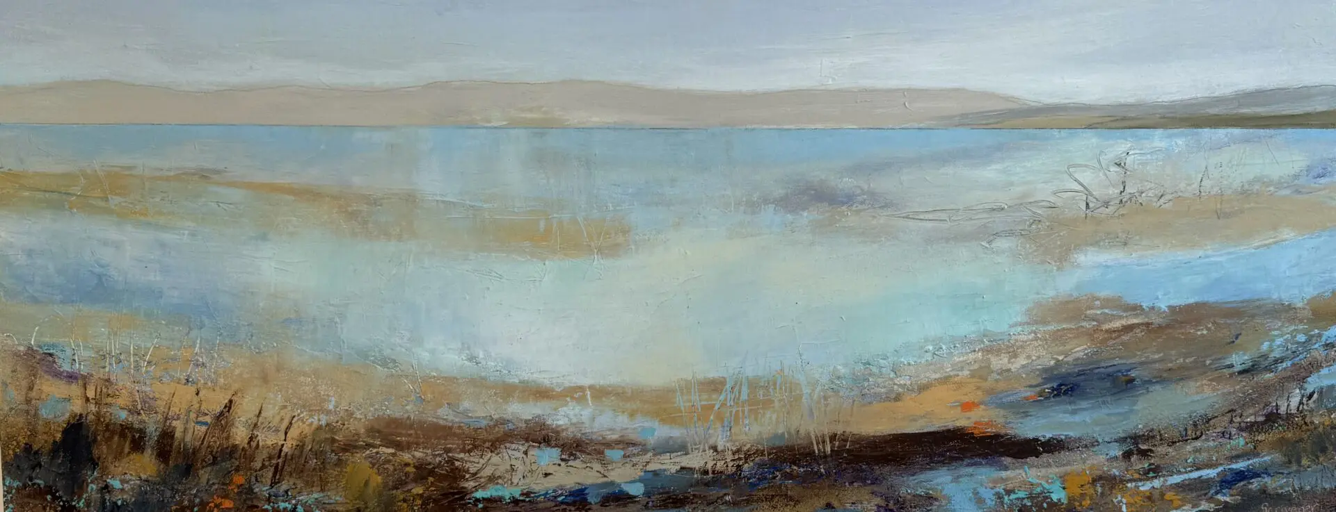 Serene landscape with soft blue and beige hues.