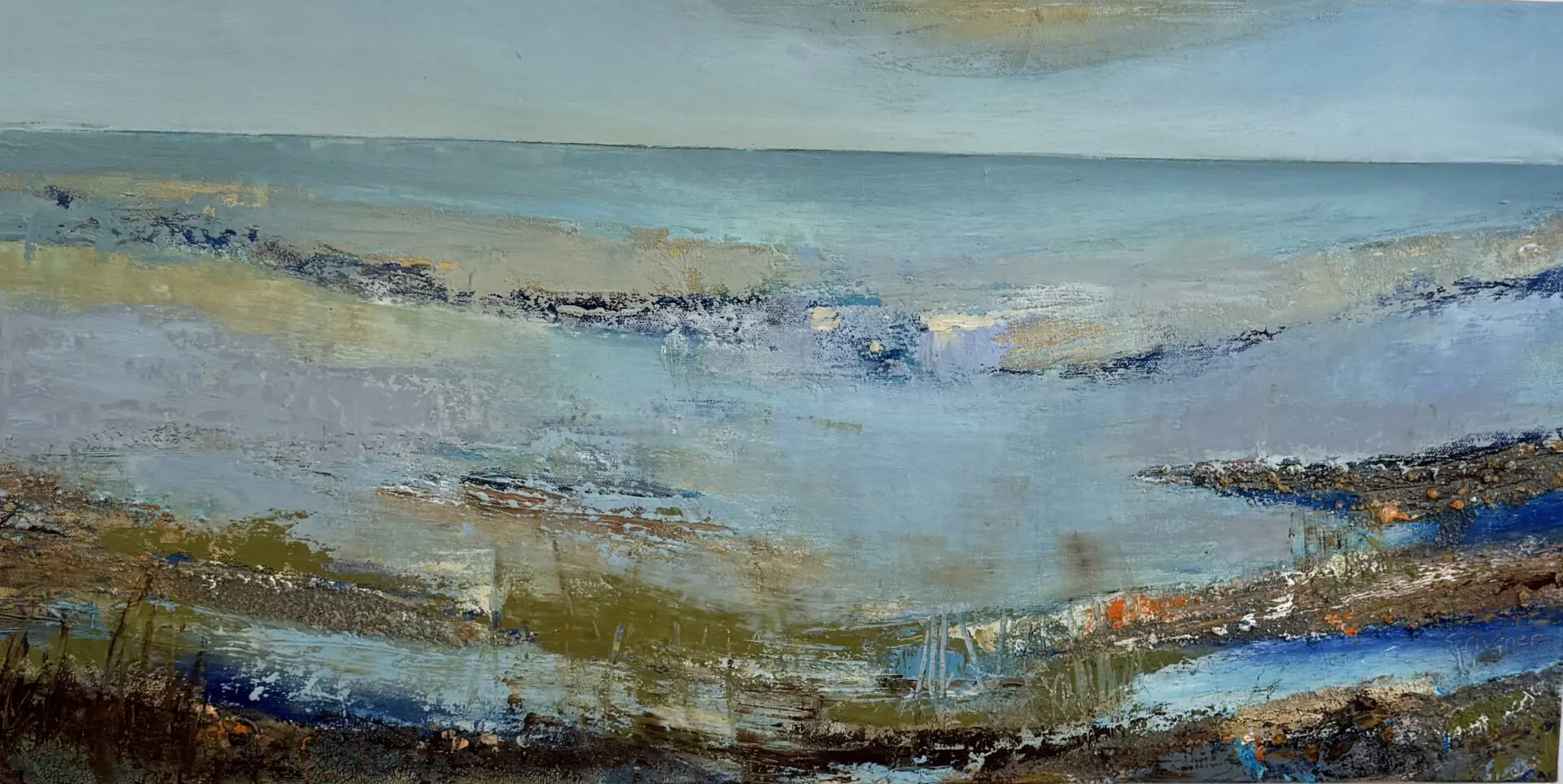Serene coastal landscape with textured brushstrokes.