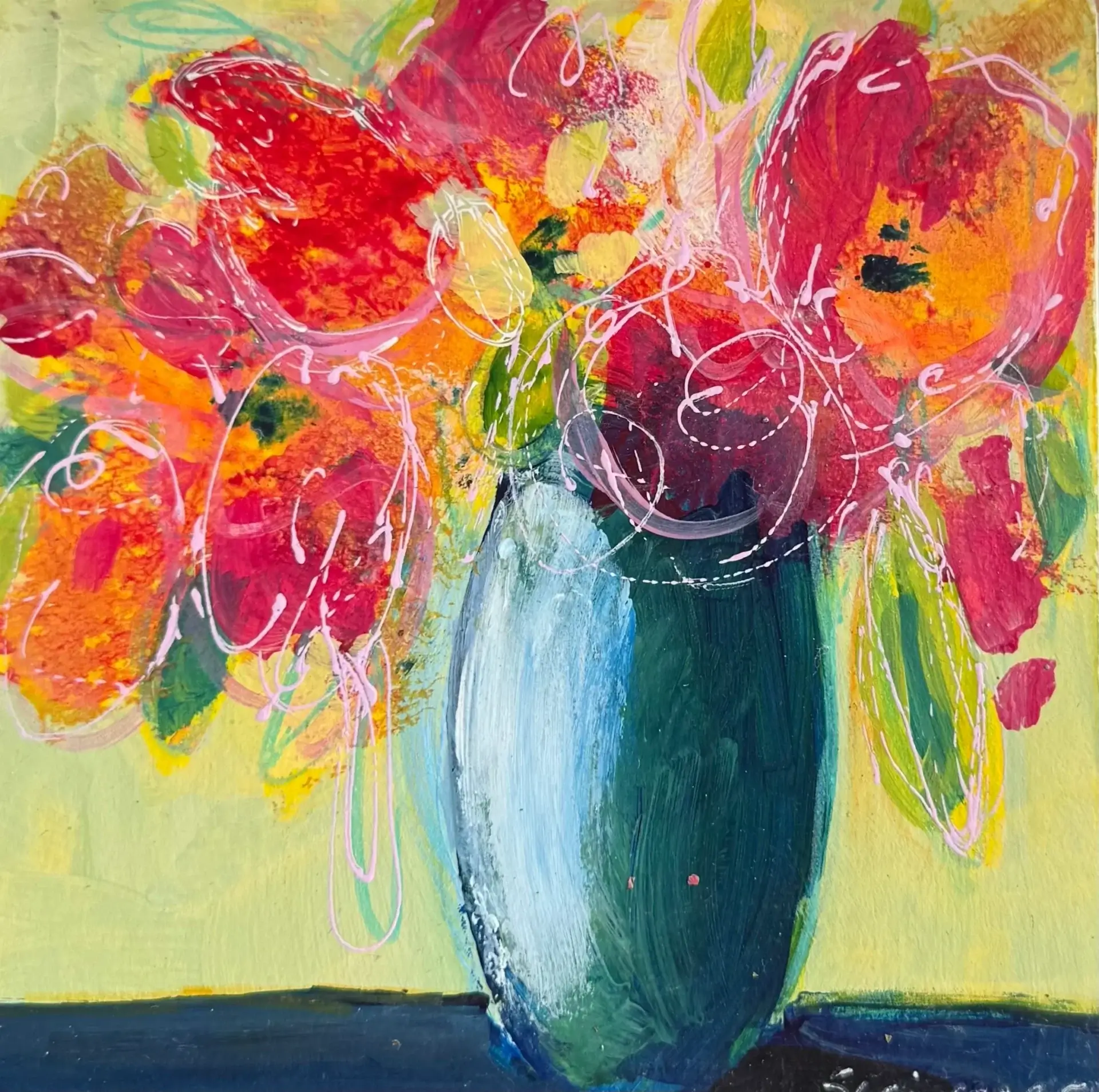 Abstract painting of flowers in blue vase.