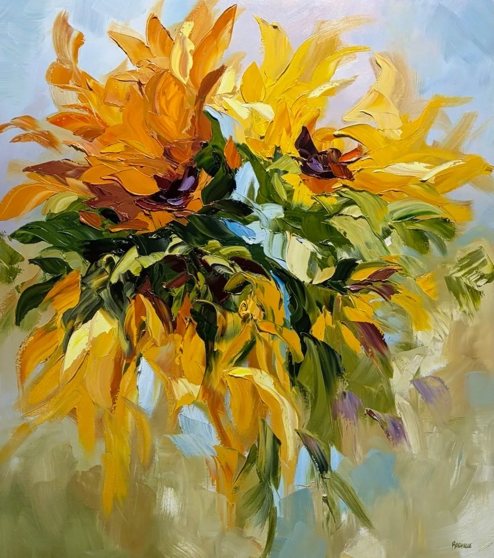 Abstract painting of vibrant yellow flowers.