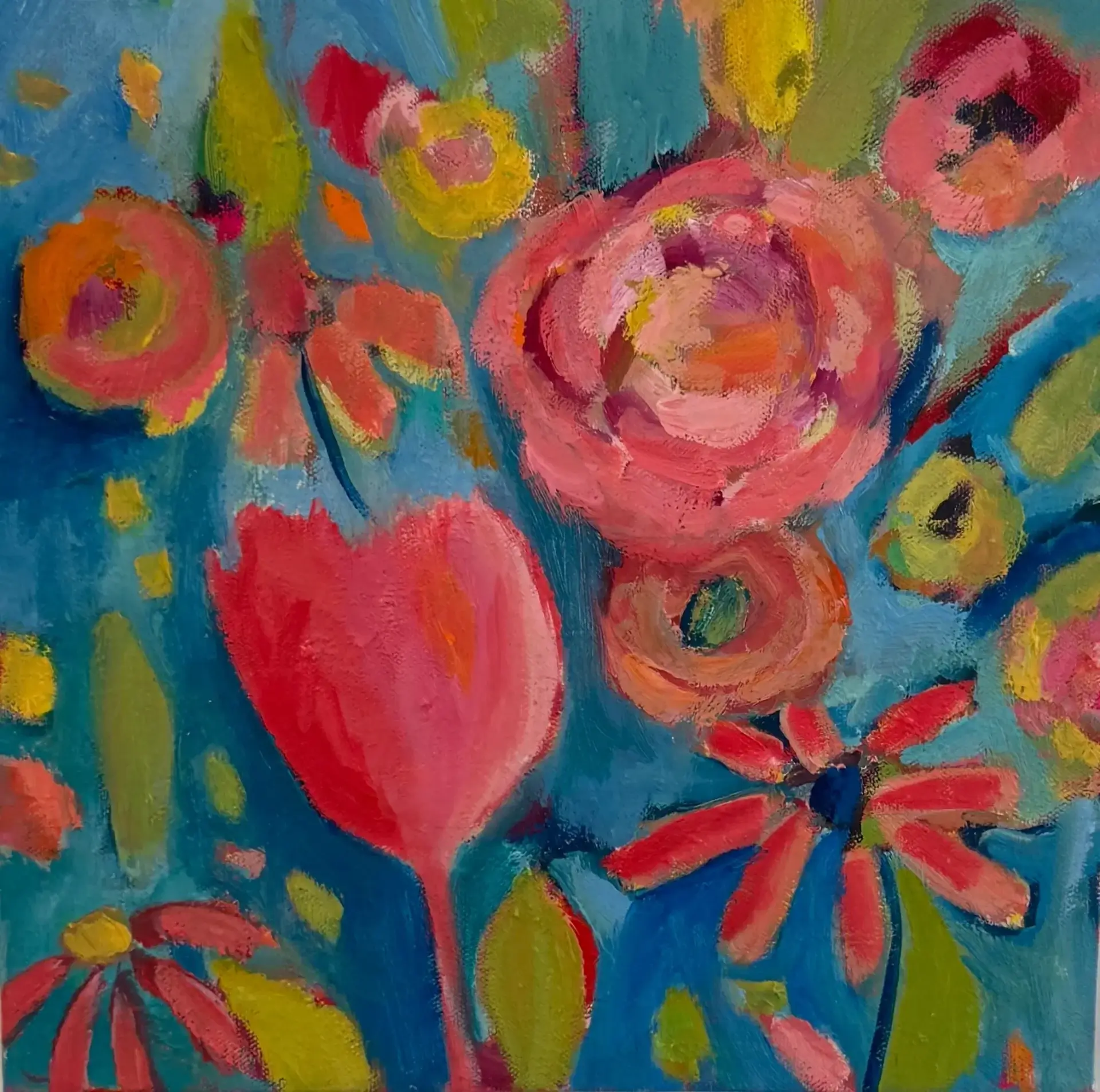 Colorful abstract flowers on blue background.