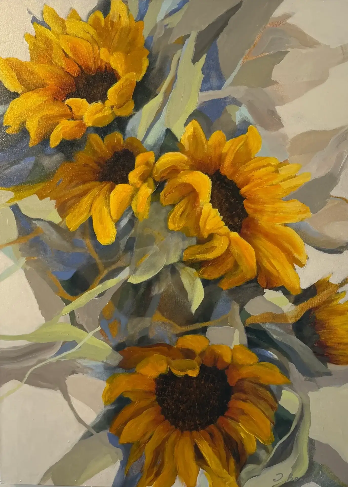 Vibrant sunflowers with abstract background painting.