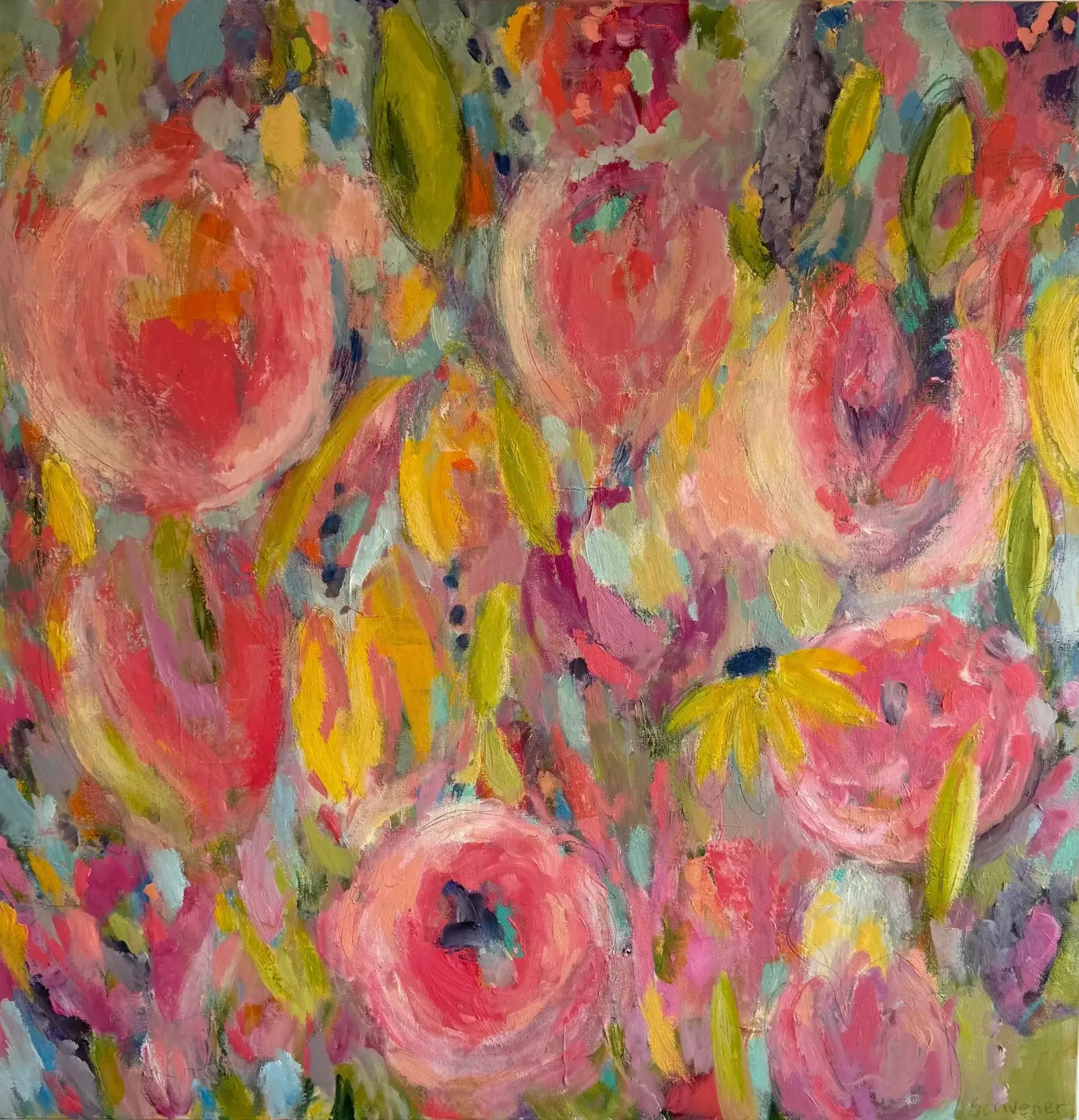 Abstract floral painting with vibrant pink hues.