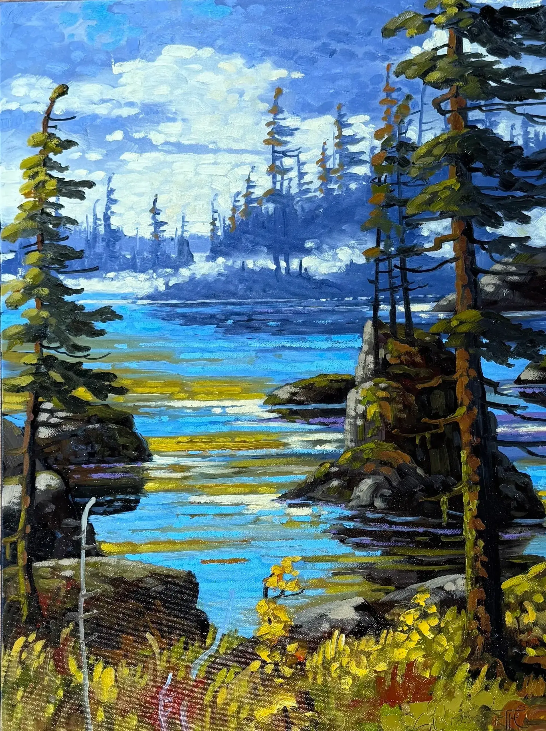 Colorful landscape painting of lake and trees.