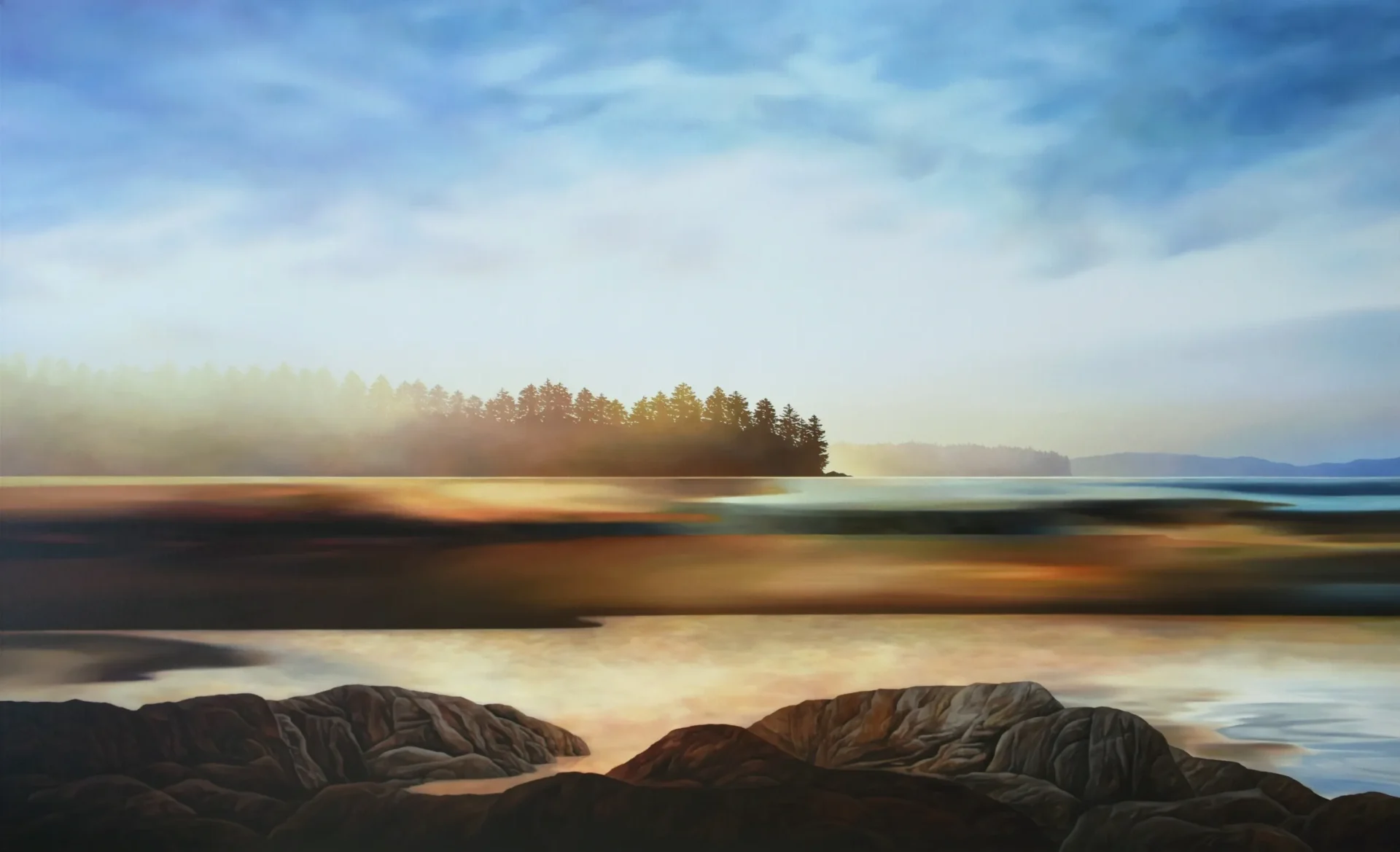 Serene landscape with distant trees and water.